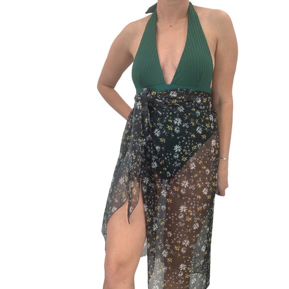 2/$30 FORTUNE Swimwear Sarong One Size Floral Black Mesh Chiffon Semi Sheer - Picture 1 of 6